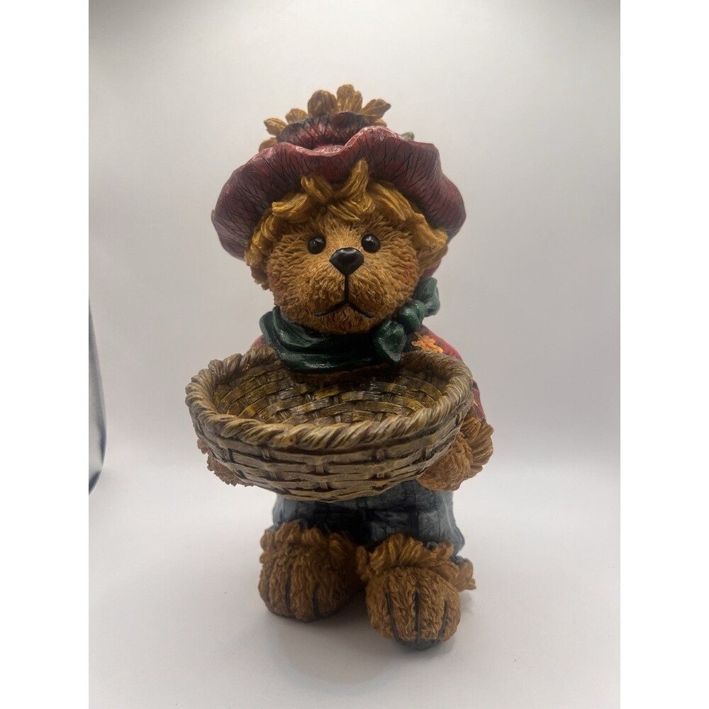 Vintage 2004 Fall Harvest Teddy Bear Figurine Basket Autumn Decor 12”